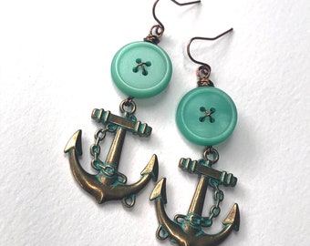 At Sea VIntage Button Dangle Earrings with Brass Anchors - Nautical Jewelry