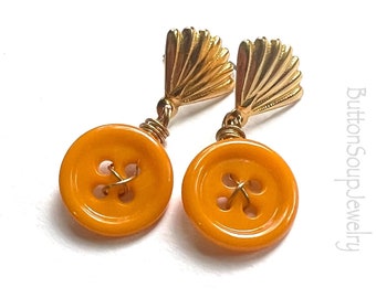 Mustard Yellow Vintage Button Earrings with Fan shapes