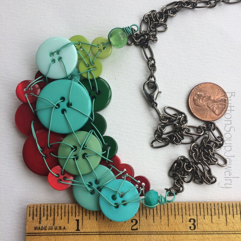 Funky Recycled Buttons Statement Necklace in Burgundy Aqua and Etsy