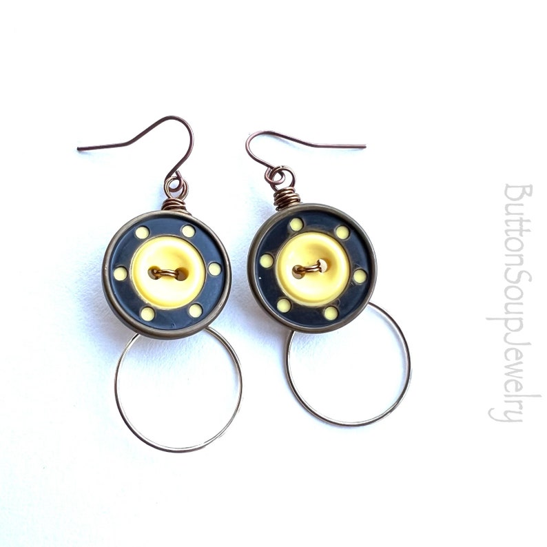 Funky Yellow Button Dangle Earrings with Geometric Circles image 2