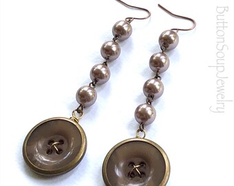 Tan Vintage Button Earrings with Beads