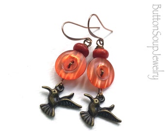 Funky Bird and Button Dangle Earrings with Orange Vintage Buttons