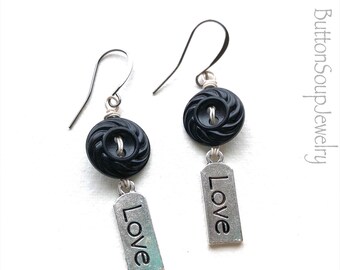 Love Black and Silver Color Vintage Button Earrings