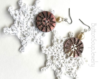 Vintage MOP Button Statement Earrings with Crocheted Snowflakes