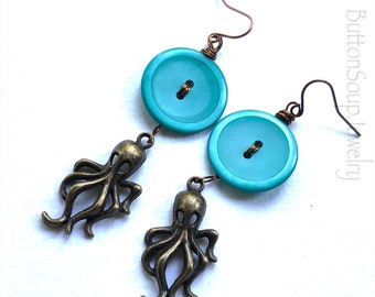 Aqua Button Dangle Earrings with Metal Octopus