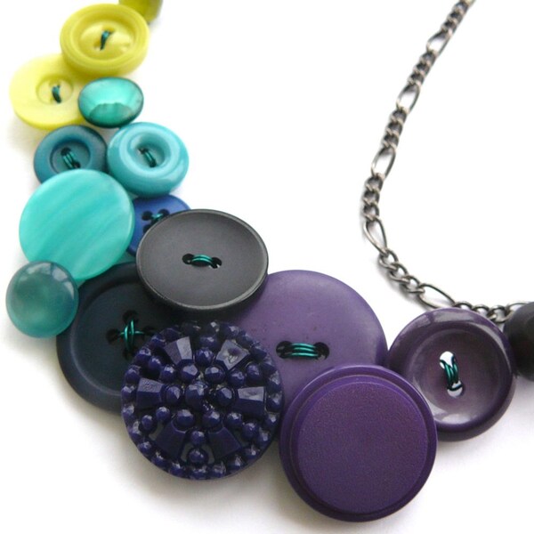 Peacock Vintage Button Statement Necklace in Chartreuse, Aqua, Navy Blue, and Purple