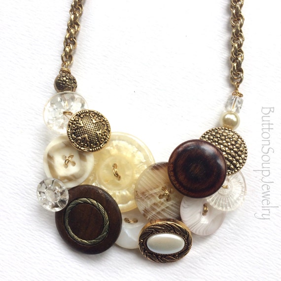 Mixed Media Button Statement Necklace Brass wooden Sparkle Etsy