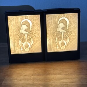 Può includere: Due scatole luminose rettangolari con cornice nera contenenti un pannello litofano stampato in 3D retroilluminato. Ogni pannello mostra un'immagine in rilievo monocromatica dettagliata di un cane che guarda verso l'alto, illuminata da dietro.