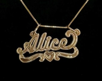 Mini Curved Heart Nameplate Pendant | Lined + Diamond Cut Style - 10K/14K Solid Real Gold Custom Name Pendant [Nameplate Only]
