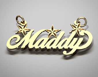 Gold Triple Star Nameplate Pendant - 10K or 14K Solid Real Gold Personalized Custom Handmade Name Pendant Charm [Nameplate Only]