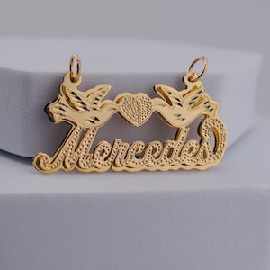 Dotted 3D Double Nameplate Gold Doves and Heart - 10K or 14K Solid Real Gold Personalized Custom Handmade Nameplate Charm [Nameplate Only]