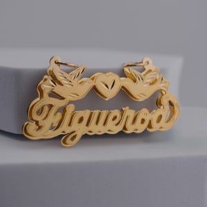 Double Nameplate 3D Gold Doves and Heart - 10K or 14K Solid Real Gold Personalized Custom Handmade Name Pendant Charm[Nameplate Only]