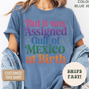 May include: A blue jean t-shirt with the text "But it was Assigned Gulf of Mexico at Birth" in rainbow colors.