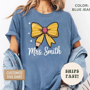 Personalized Back to School Teacher T- Shirt, Retro Teacher Coquette Pencil Bow Tee, First Day of School Teacher Gift, Teacher Matching Tees