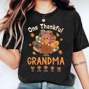 Personalized One Thankful Grandma Shirt, Turkey Fall Floral Leopard Thanksgiving 2024 Comfort Colors Shirt, Thankful Nana Shirt