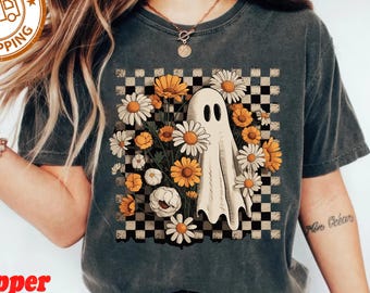 Comfort Colors® Checkered Ghost Shirt, Halloween Floral Ghost Shirt, Cute Fall Shirt, Cottagecore Ghost Tee