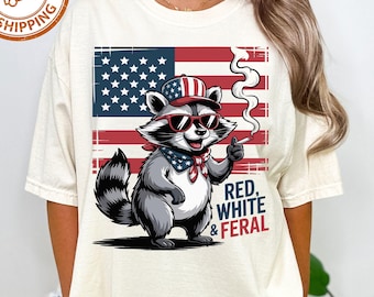 Camiseta roja, blanca y salvaje, divertida camiseta de EE. UU., divertida camiseta de mapache, camiseta del 4 de julio, camiseta salvaje, camiseta de mapache, camiseta americana