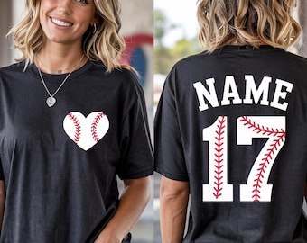 Chemise coeur de baseball couleurs confort avec numéro et nom personnalisés, t-shirt baseball personnalisé, chemise baseball maman, tenue d'équipe de baseball