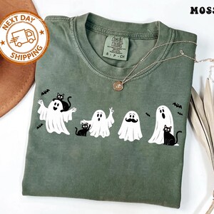 Halloween Black Cat & Ghost Comfort Colors Shirt, Halloween Ghost Tshirt, Spooky Season Cat Tee, Halloween Cute Women Outfit, Halloween Gift