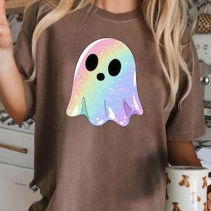 Shimmering Ghost Shirt, Iridescent Ghost Tee, Pastel Halloween T-Shirt, Comfort Colors Glittery Spooky Season Tee