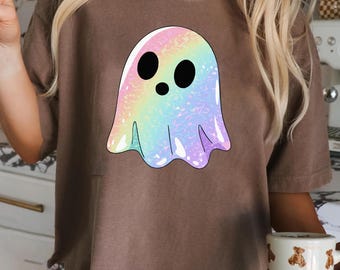 Shimmering Ghost Shirt, Iridescent Ghost Tee, Pastel Halloween T-Shirt, Comfort Colors Glittery Spooky Season Tee