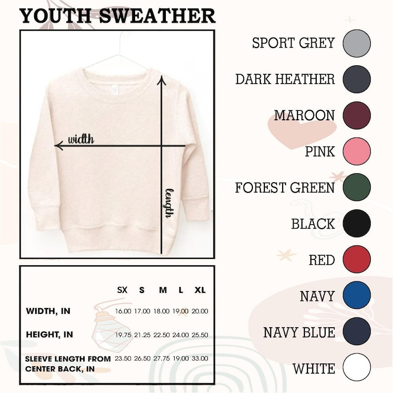 Puede incluir: Tabla de tallas para un su&eacute;ter juvenil con medidas en pulgadas para el ancho, la altura y la longitud de la manga desde la parte posterior central. Las opciones de color incluyen gris deportivo, gris oscuro jaspeado, granate, rosa, verde bosque, negro, rojo, azul marino, azul marino oscuro y blanco.