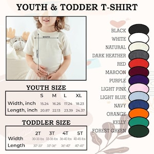 Puede incluir: Tabla que muestra las tallas de camisetas para j&oacute;venes y ni&ntilde;os peque&ntilde;os con medidas de ancho y largo en pulgadas y libras. Los colores incluyen negro, blanco, natural, gris oscuro, rojo, granate, morado, rosa claro, azul claro, azul marino, naranja, verde oscuro y verde bosque.