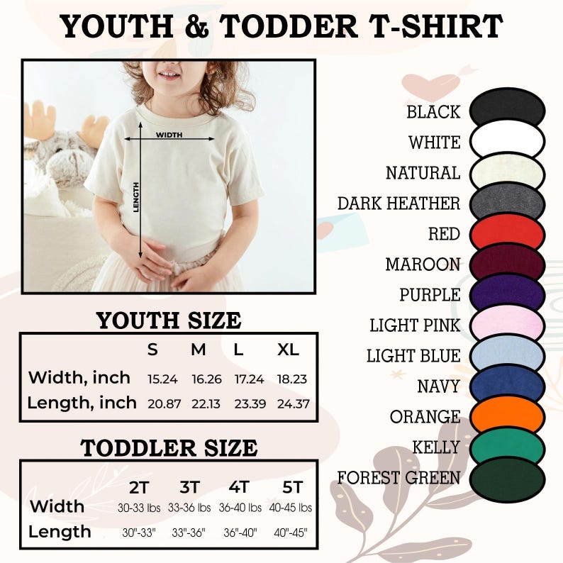 Puede incluir: Tabla que muestra las tallas de camisetas para j&oacute;venes y ni&ntilde;os peque&ntilde;os con medidas de ancho y largo en pulgadas y libras. Los colores incluyen negro, blanco, natural, gris oscuro, rojo, granate, morado, rosa claro, azul claro, azul marino, naranja, verde oscuro y verde bosque.