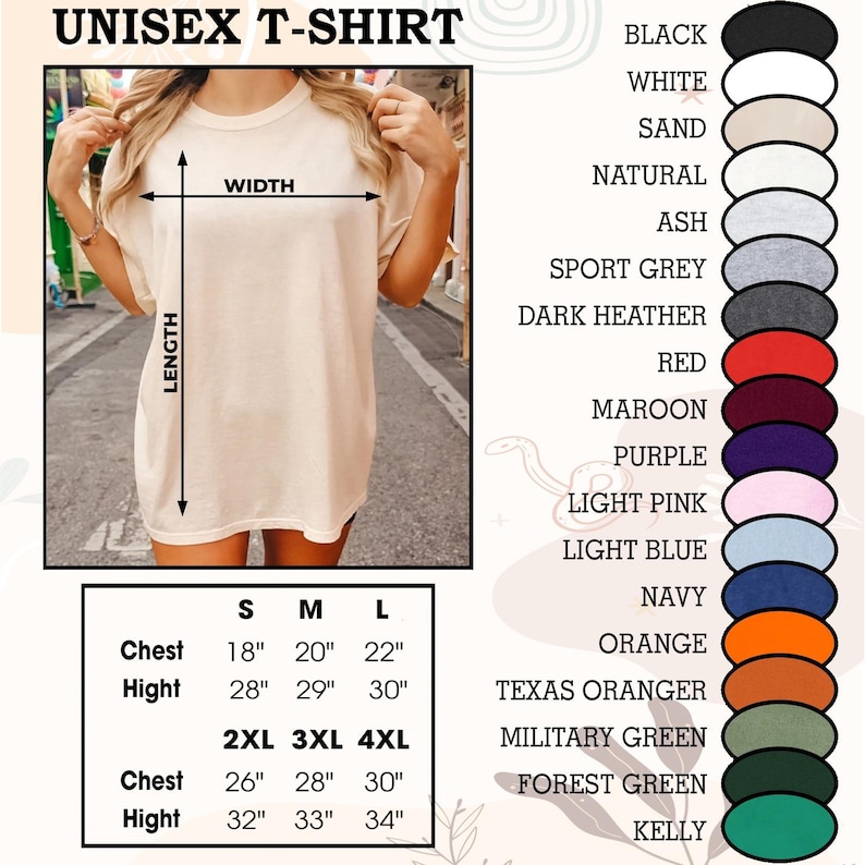Puede incluir: Tabla de tallas de camiseta unisex con medidas en pulgadas para el pecho y la altura. La tabla muestra las tallas S, M, L, 2XL, 3XL y 4XL. Una tabla de colores muestra 18 colores diferentes para la camiseta.