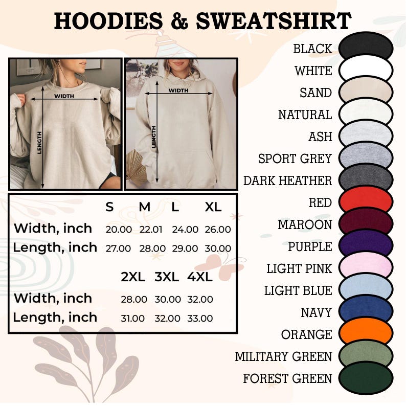 Puede incluir: Tabla de tallas para sudaderas con capucha y sudaderas en varios colores, incluyendo negro, blanco, arena, natural, ceniza, gris deportivo, gris oscuro, rojo, granate, morado, rosa claro, azul claro, azul marino, naranja, verde militar y verde bosque. La tabla muestra las medidas de ancho y largo en pulgadas para las tallas S, M, L, XL, 2XL, 3XL y 4XL.