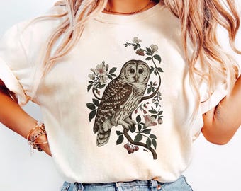 Dark Cottagecore Owl Comfort Colors Adult Unisex Garment Dyed Tee & Long Sleeve Tee, Forestcore Owl Top, Vintage Gothic Shirt, Gift for Her