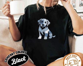 Retro Denim Patch Animal Dog Print, Dog Print Graphic Shirt, Animal Design Top, Cute Canine Apparel