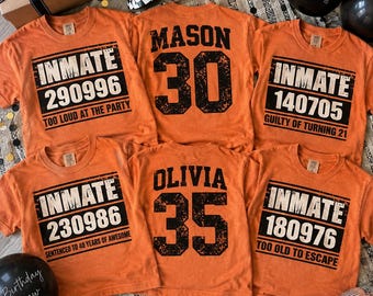 Personalized Inmate Shirt, Custom Name Number Prisoner Costume Tee, Matching Halloween Group Shirt for Friends