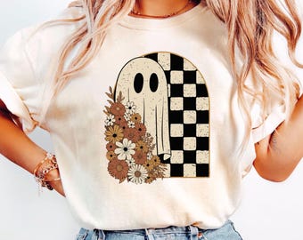 Comfort Colors® Checkered Ghost Shirt, Halloween Floral Ghost Shirt, Cute Fall Shirt, Cottagecore Ghost Tee