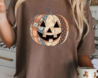Retro Patchwork Halloween Pumpkin Sweatshirt, Halloween Pumpkin Shirt, Spooky Season Sweater, Halloween Cute Women Outfit, Halloween Gift