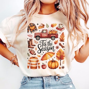 Comfort Colors Fall Shirt, Tis the Season Shirt, Fall Football Shirt, Women&#39;s Fall Shirt, Pumpkin Season, Fall Harvest Shirt, Autumn Doodle