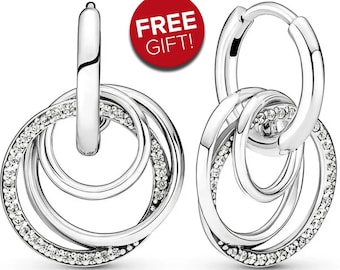 New Silver 925 Family Always Encircled Hoop Earrings , Gift for Her, Charm Pendants, Free Gift, Sparkling Pink Stud Earrings