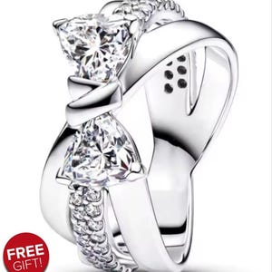 Sparkling Bow Double-row Ring Pandora, Gift For Her, Charm Pendant, Best Gift, Free Pandora Pouch or Box