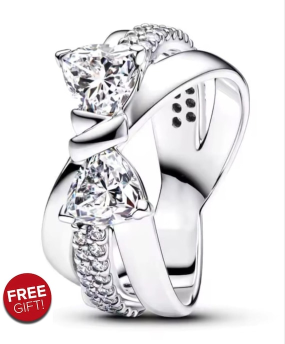 Sparkling Bow Double-row Ring Pandora, Gift For Her, Charm Pendant, Best  Gift, Free Pandora Pouch or Box