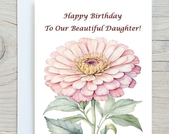 Op de afbeelding: Een witte kaart met een roze bloem en de tekst "Happy Birthday To Our Beautiful Daughter!"