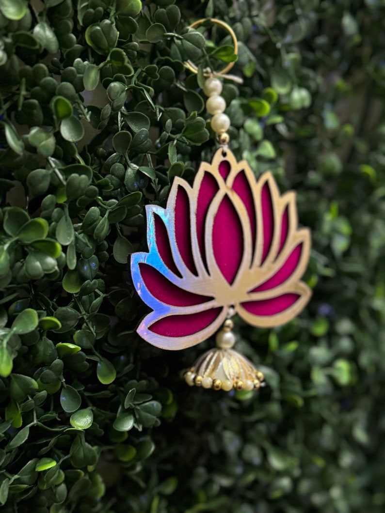 Rani Pink Color Velvet & Acrylic Lotus Flower With Matching Tassel Hanging For Decoration Set Of 6 main image 1