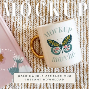 Gold Handle Mug Mockup Ceramic White Mug Golden Coffee Cup Mock up Print on Demand Mockup Blank Mug Feminine Cozy Floral Pink Vibes Mockup