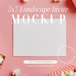 5x7 Krajobraz Karta Mockup Popcorn Movie Night Flat Lay Różowy Poziomy Karta Mockup Wydrukuj Zaproszenie Szablon JPG Natychmiastowe Pobieranie