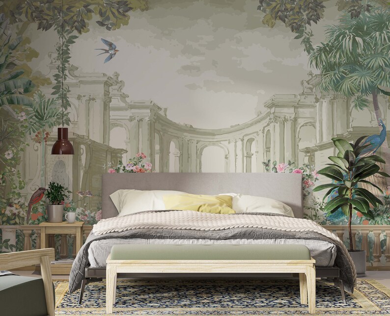 Roman Columns Garden Wallpaper, Removable Living Room Wallpaper, Living