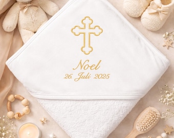 Taufhandtuch bestickt mit Kreuz | personalisiertes Kapuzenhandtuch zur Taufe, Geschenk Taufe Mädchen & Junge christliche Tauferinnerung Baby