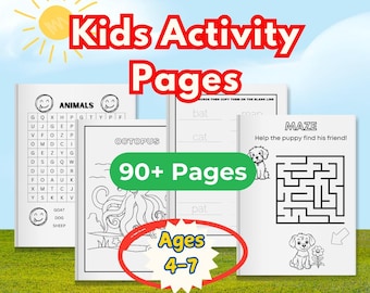 Op de afbeelding: Een set zwart-witte printbare activiteitenpagina's voor kinderen van 4 tot 7 jaar. De pagina's bevatten een woordzoeker, een doolhof en een traceringsactiviteit. De tekst op de pagina's luidt "Dieren", "Octopus", "Doolhof", "Help de puppy zijn vriend vinden!" en "Meer dan 90 pagina's".