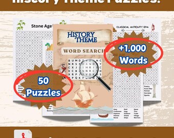May include: A set of 50 printable history-themed word search puzzles. The puzzles feature a variety of historical periods, including the Stone Age and Classical Antiquity. The image also includes the text "History Theme Puzzles!" and "+1,000 Words".