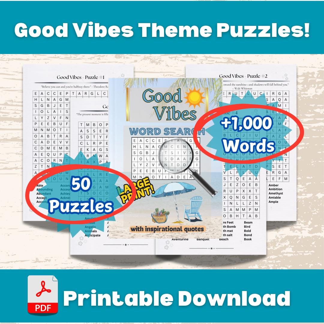 50 Good Vibes Themed Printable Word Search Puzzles, +1,000 Words - Etsy