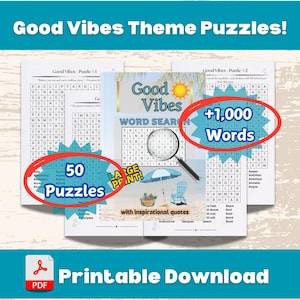 Puede incluir: Una descarga imprimible de 50 rompecabezas de búsqueda de palabras con buena vibra. Los rompecabezas presentan un tema de playa con una sombrilla, una silla de playa y citas inspiradoras. El texto "¡Letra grande!" es visible en la imagen. Los rompecabezas se describen como que tienen más de 1.000 palabras.