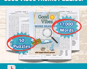 May include: A printable download of 50 good vibes themed word search puzzles. The puzzles feature a beach theme with an umbrella, beach chair, and inspirational quotes. The text "Large Print!" is visible on the image. The puzzles are described as having over 1,000 words.